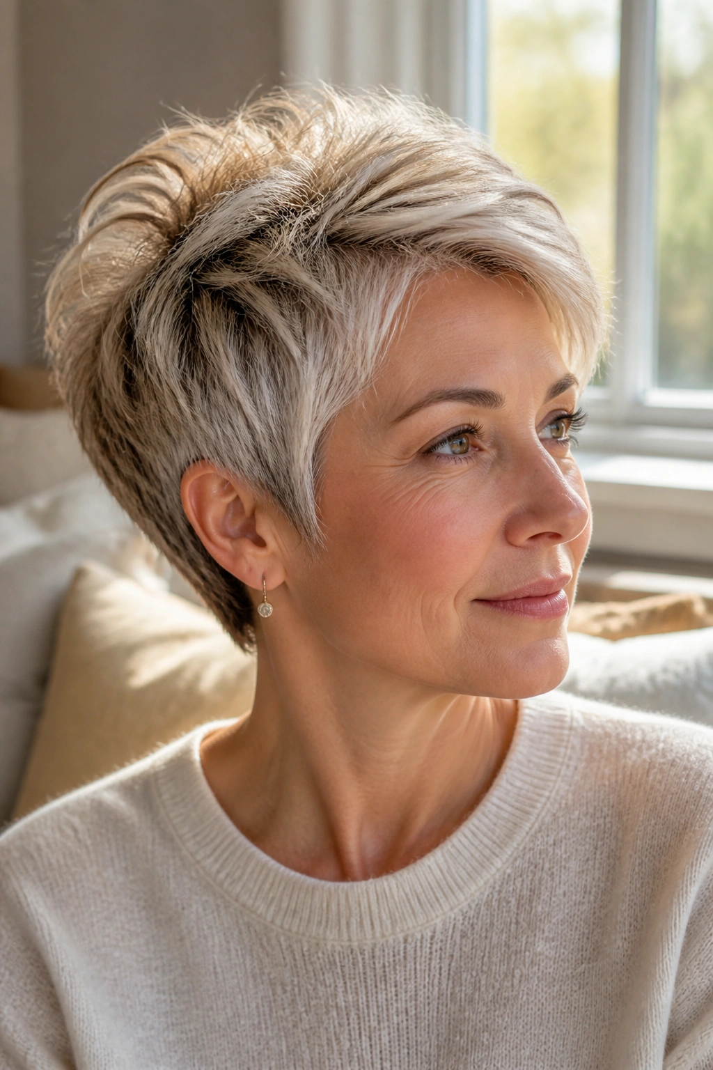 Close-up of real person with fine-hair volume pixie under natural morning light