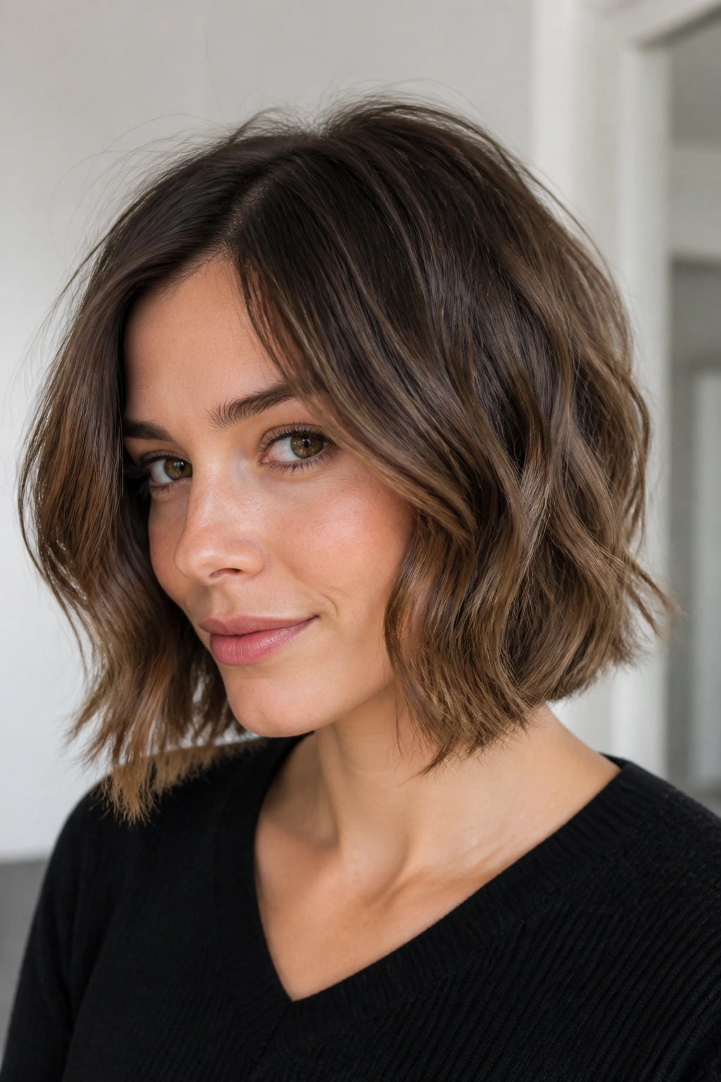 Close-up of a real woman with a fine-hair wavy bob and internal layers
