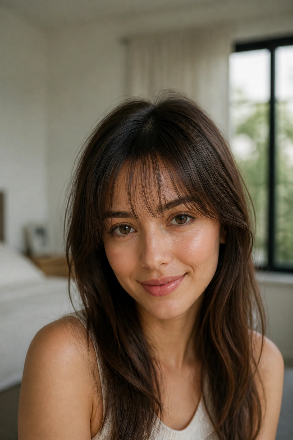 Close-up of a real woman with fine wispy bangs in bright light