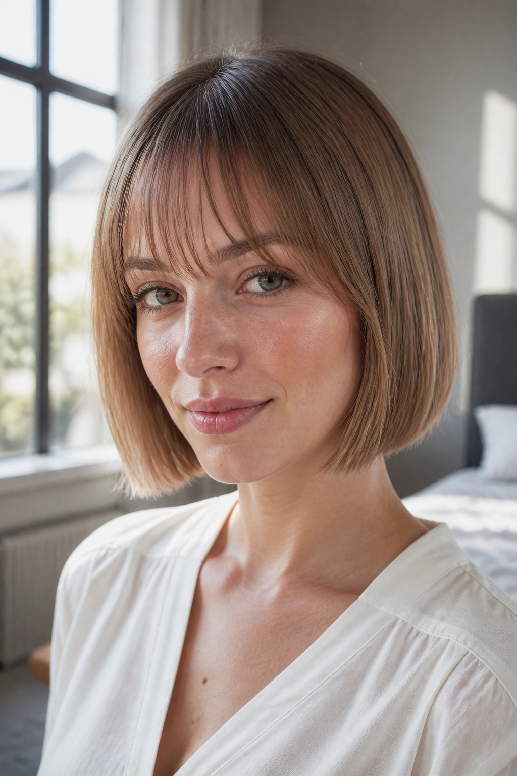 Close-up of a real woman with fine hair and wispy see-through bangs in a bright room