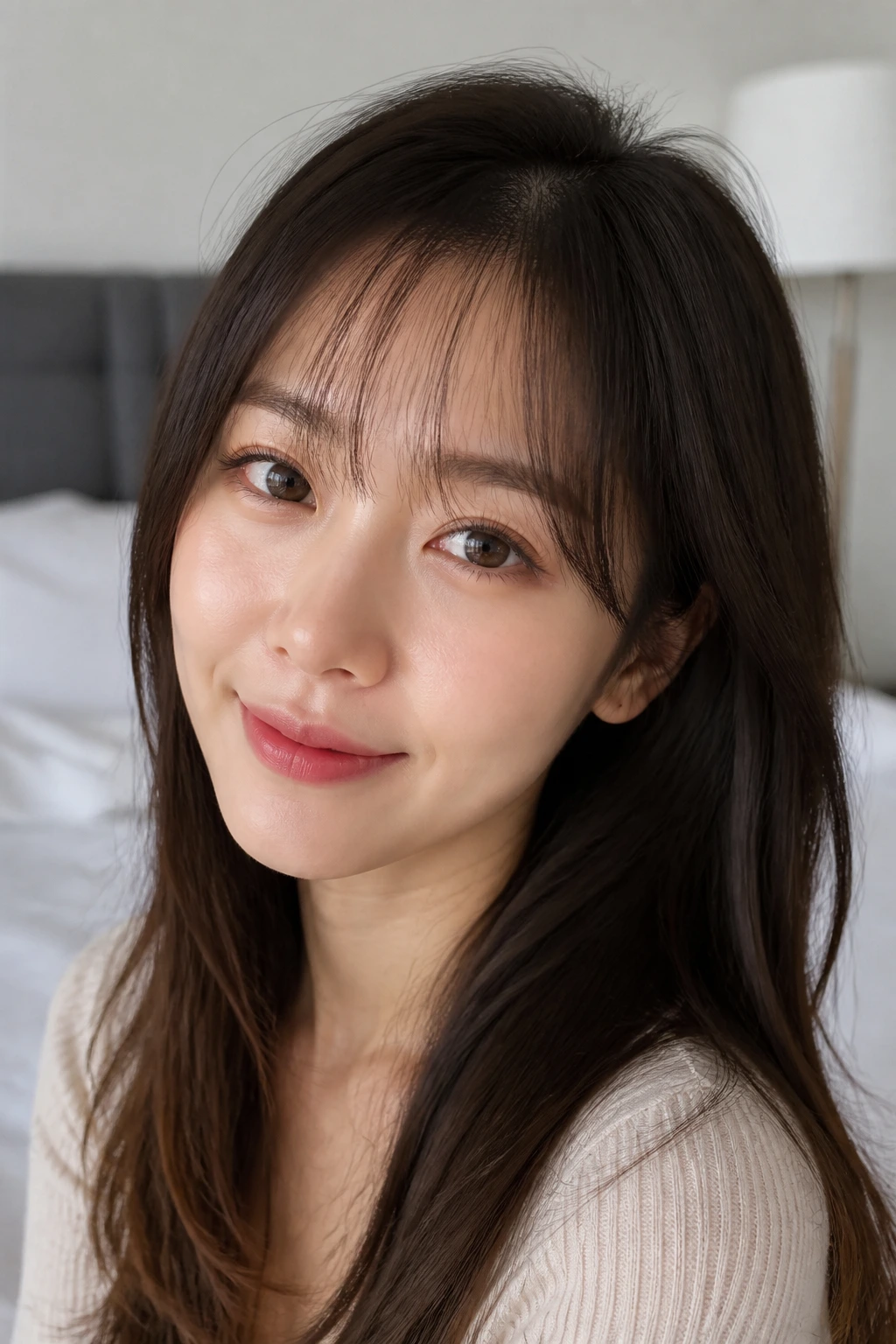 Close-up portrait of a real person with fine hair and wispy bangs with see-through texture in natural light