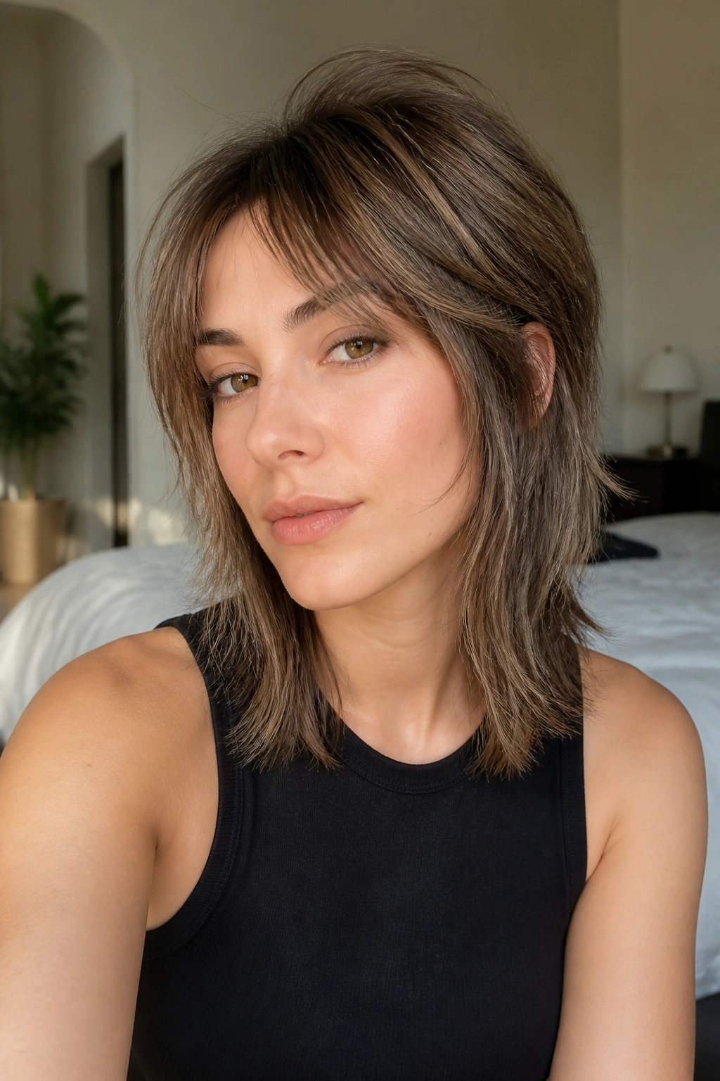 Close-up portrait of a real person with fine-hair wolf cut and soft lift at crown