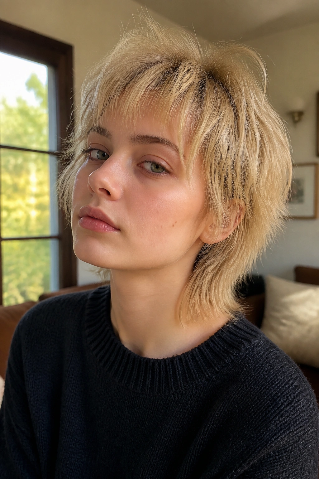 Close-up portrait of real person with fine hair wolf cut mullet by sunny window