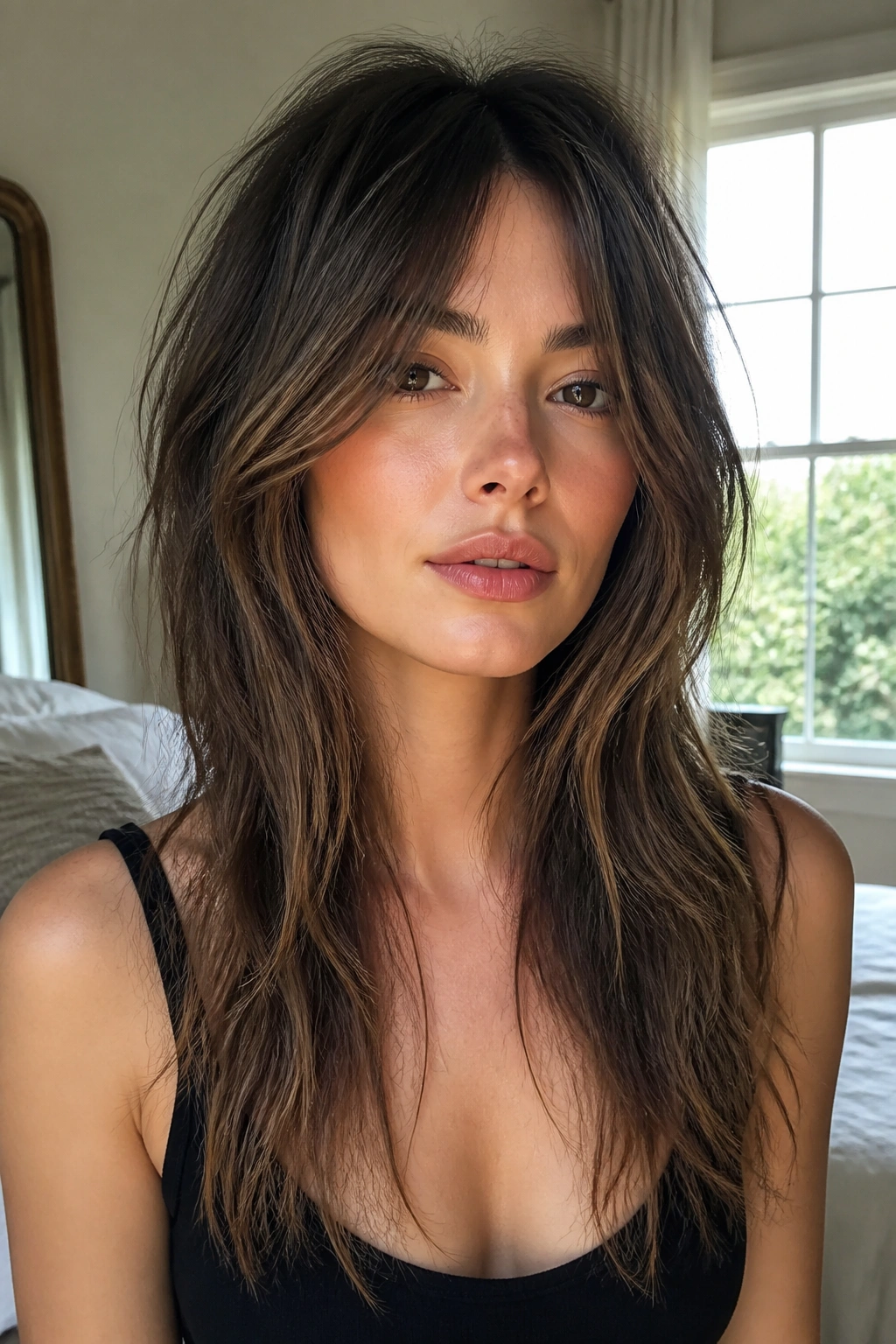 Real woman with subtle layers in a long wolf cut for fine hair, bright natural light