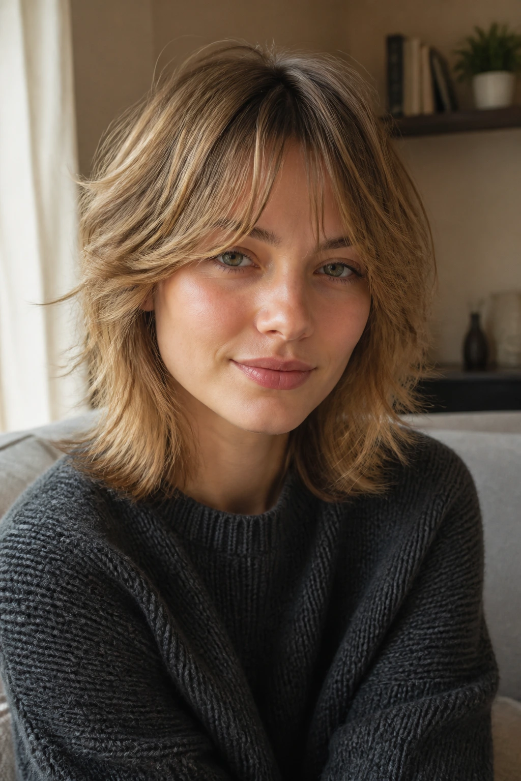 Close-up of a real person with a fine-hair wolf cut under soft natural light