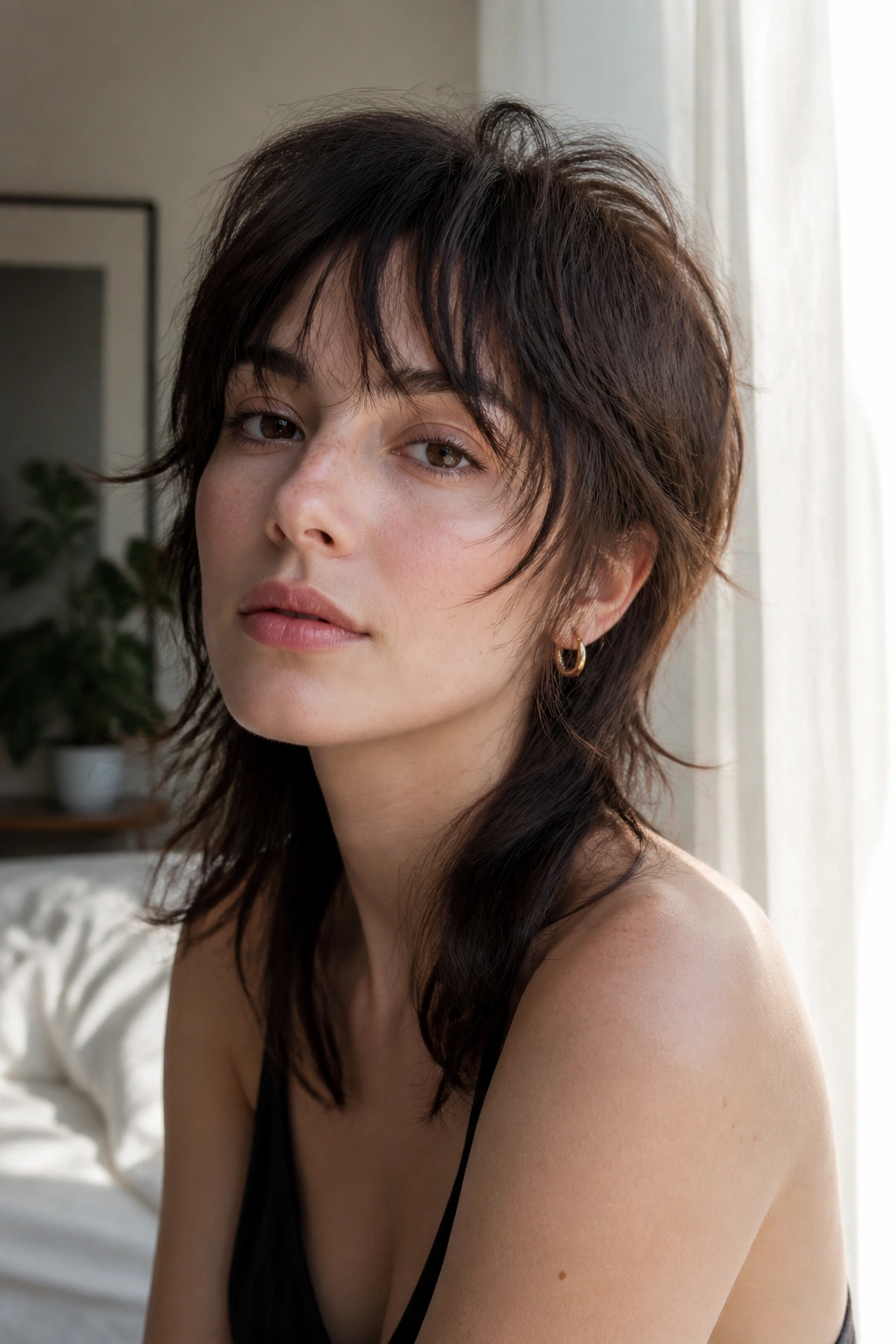 Portrait of a real person with fine-hair wolf cut and airy bangs in soft natural light