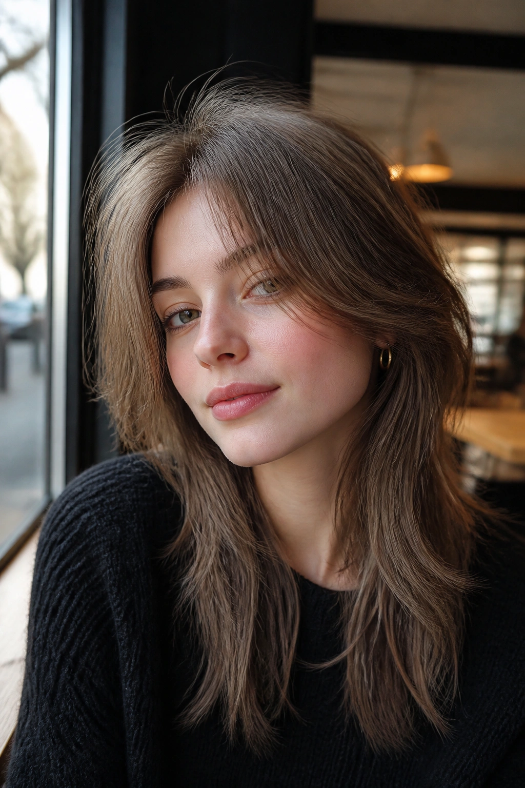 Portrait of a real woman with fine hair wolf cut and airy crown lift in daylight by a cafe window