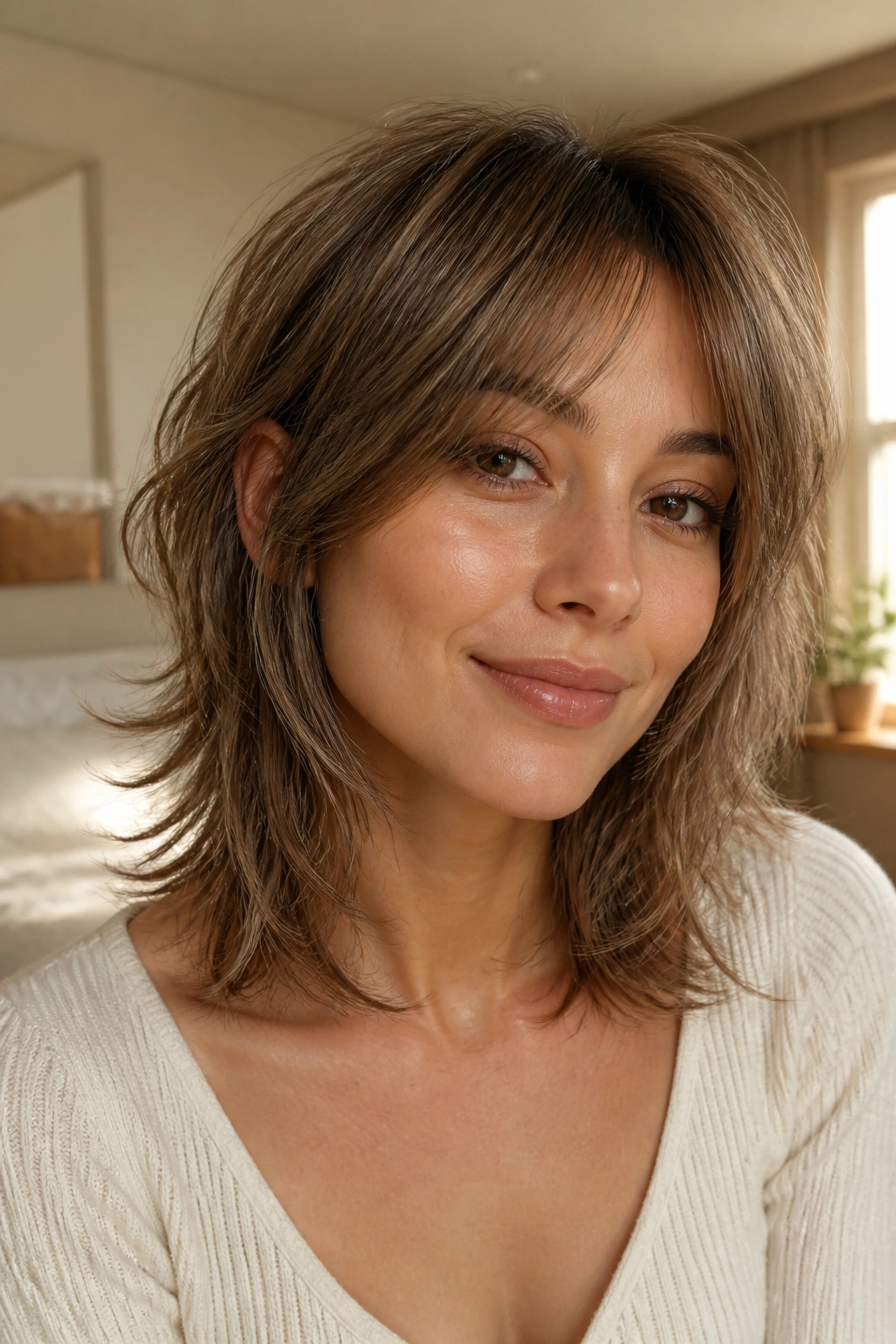 Close-up portrait of a real woman with a fine-hair wolf cut and airy ends in warm window light