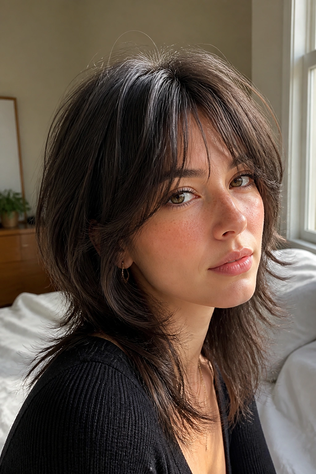 Close-up of a woman with a fine-hair wolf cut and airy crown layers in warm window light.