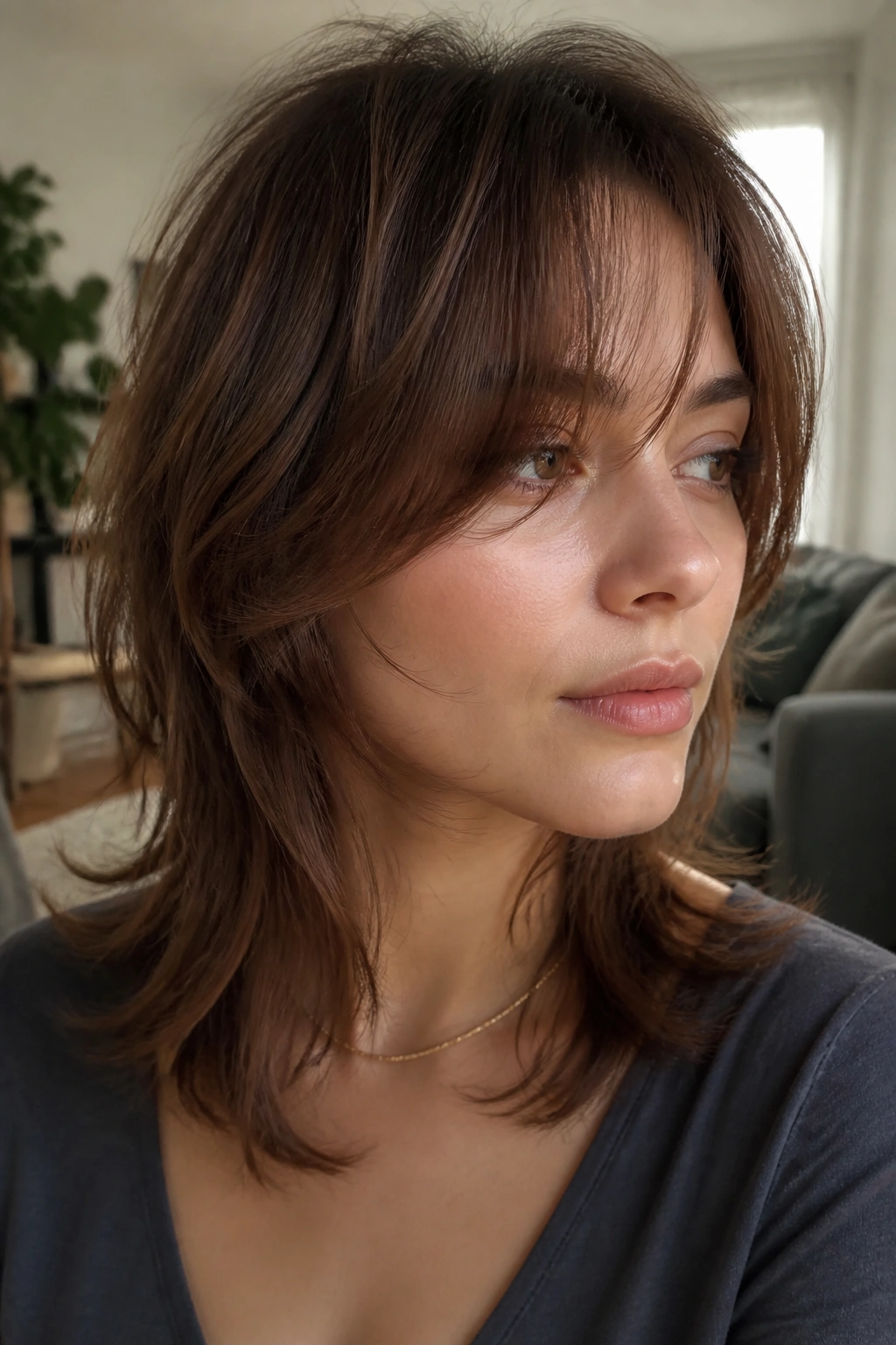 Close-up portrait of a real person with fine hair wolf cut showing soft internal layers