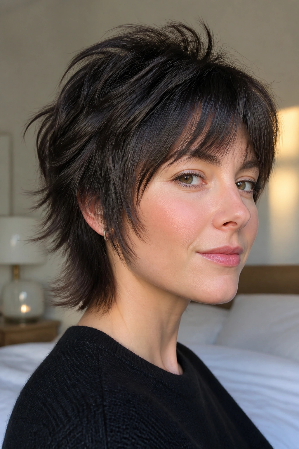 Real person with short wolf cut on fine hair showing lift at crown