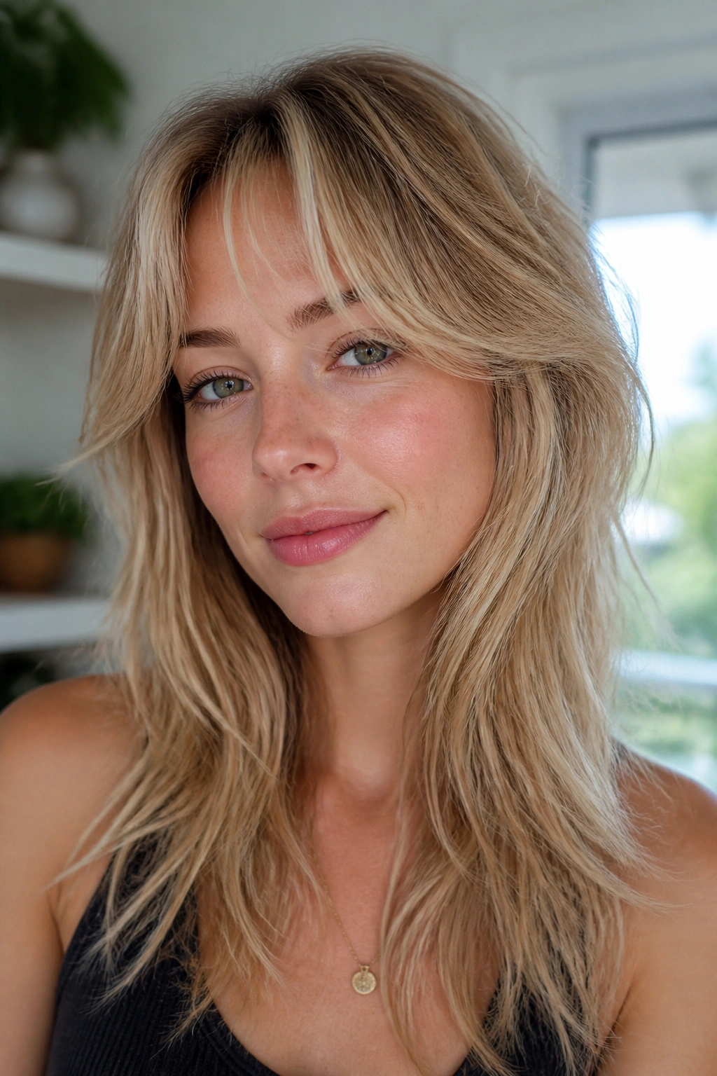 Portrait of a real woman with fine hair and light curtain bangs in a bright room
