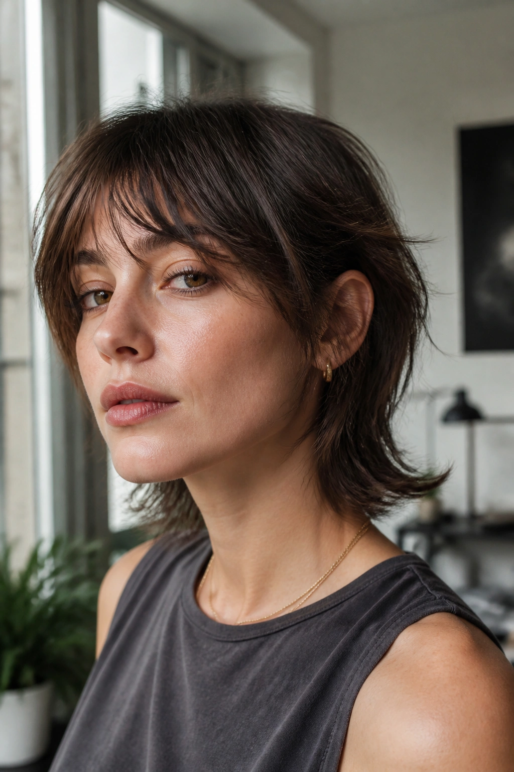 Close-up portrait of a real woman with fine-hair wolf cut and lifted crown