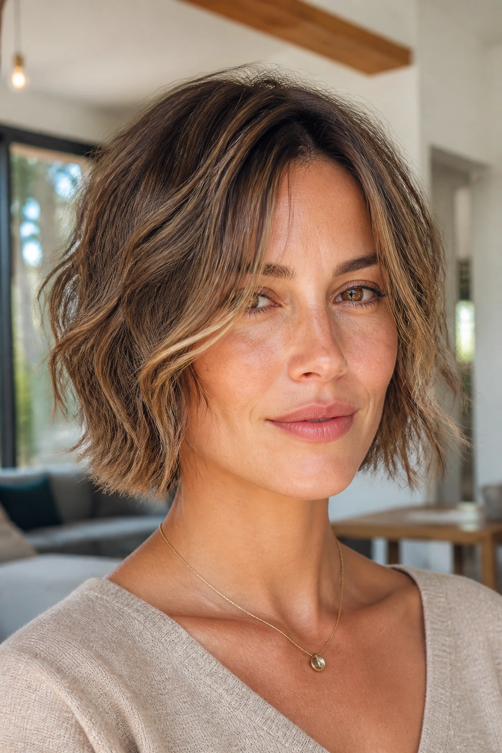 Close-up of a real woman with a fine textured wavy layered bob at chin to collarbone length