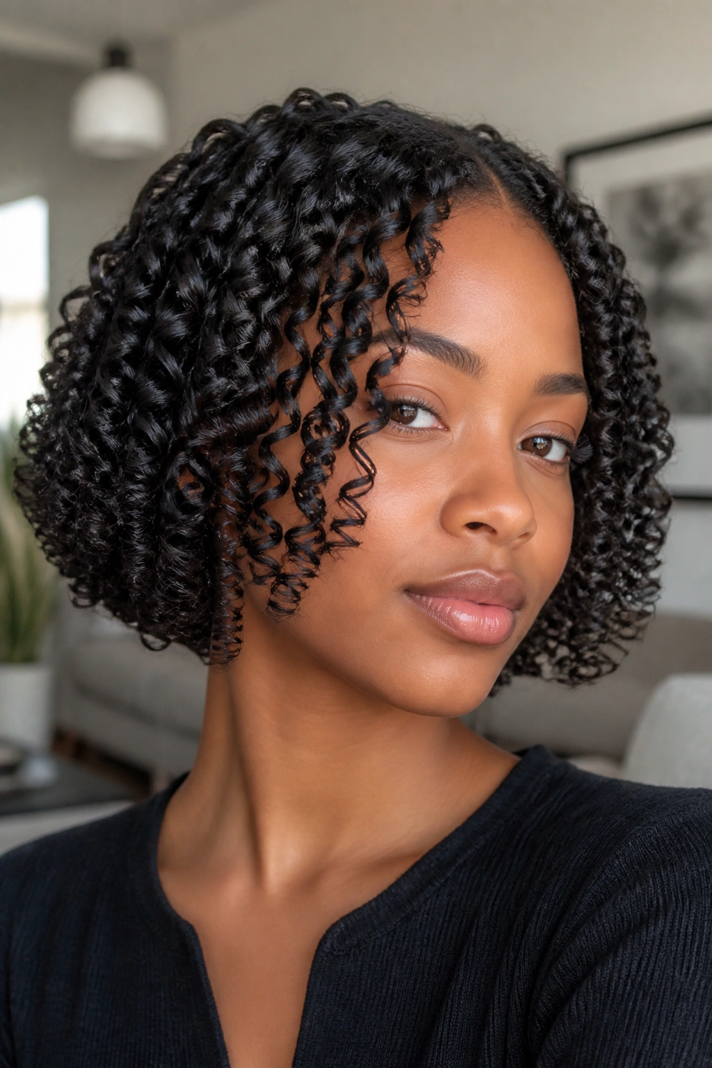 Close-up of a real woman with a defined finger-coil bob