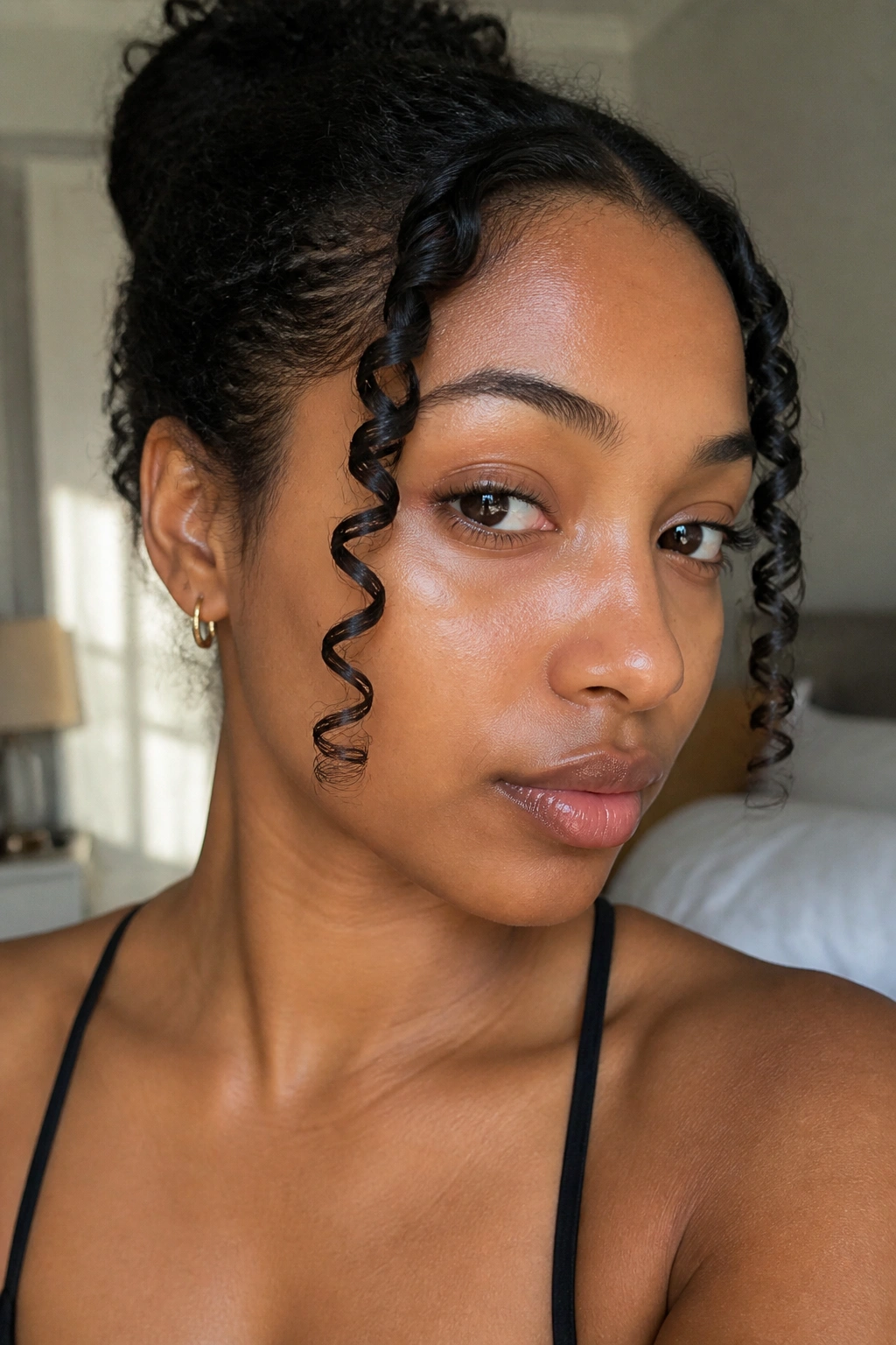 Close-up of real woman with face-frame finger-coil spirals in natural window light