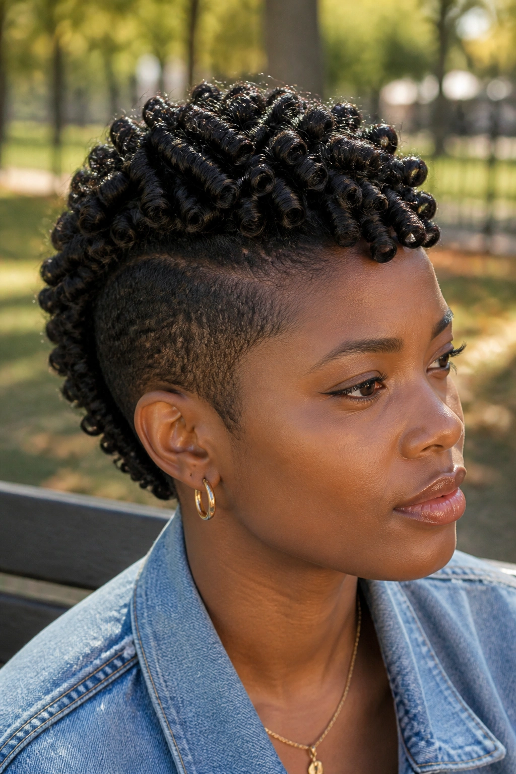 Close-up of a real Black woman's head showing finger coils in a central mohawk