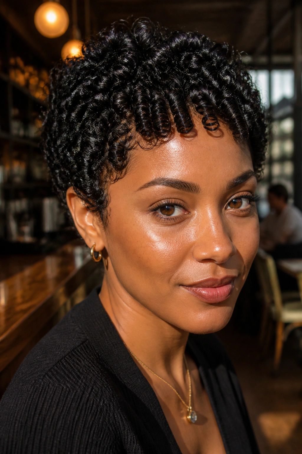 Close-up of a real person with finger-coiled curls in a café setting