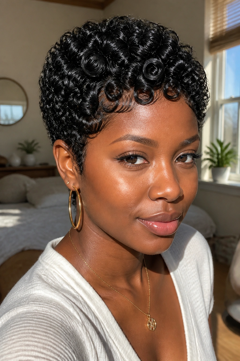Close-up portrait of a woman with finger-coiled pixie curls forming tight spirals in warm window light