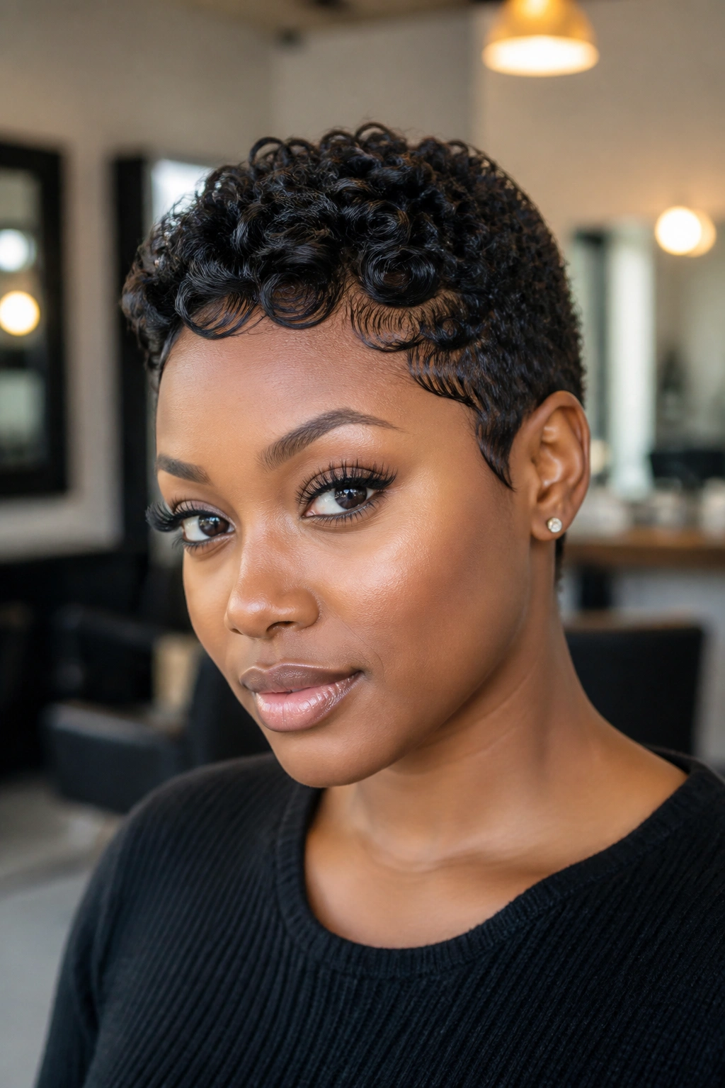Close-up of a real Black woman with finger-coiled curls and crisp edges.