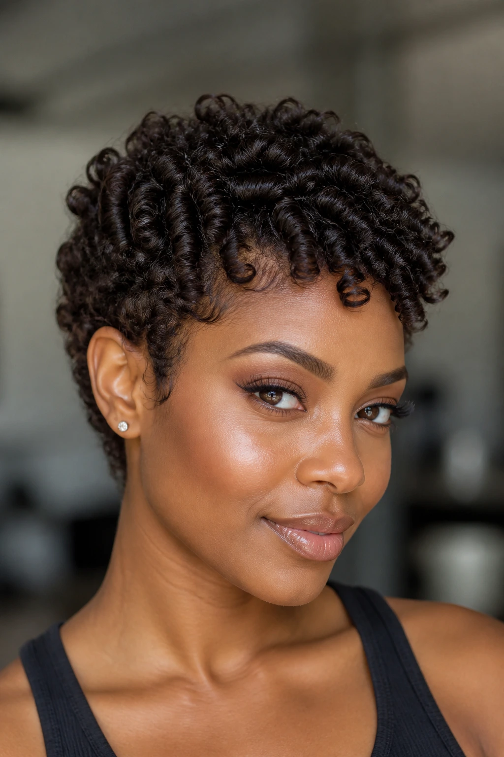 Close-up of a real person with finger-coiled pixie showing defined texture