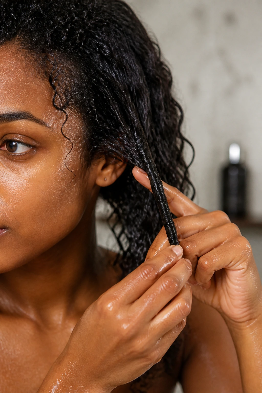 Close-up of a real person finger-coiling a small hair section for curl definition in a bathroom.