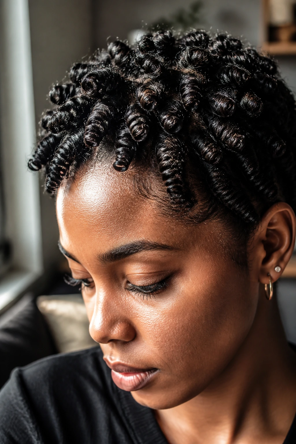 Close-up of real person showing finger coils hairstyle on short to medium hair