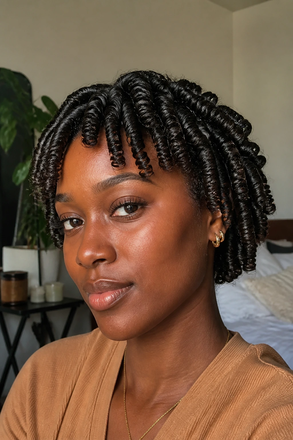 Close-up portrait of a real woman with defined finger coils on 4C hair under natural window light