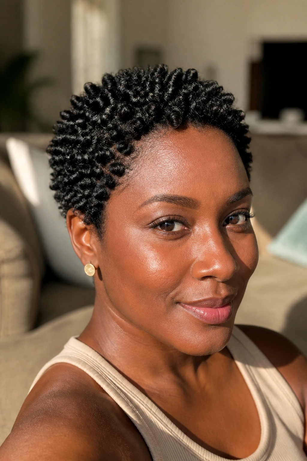 Close-up of a Black woman with finger coils on a tiny Afro in a sunlit living room