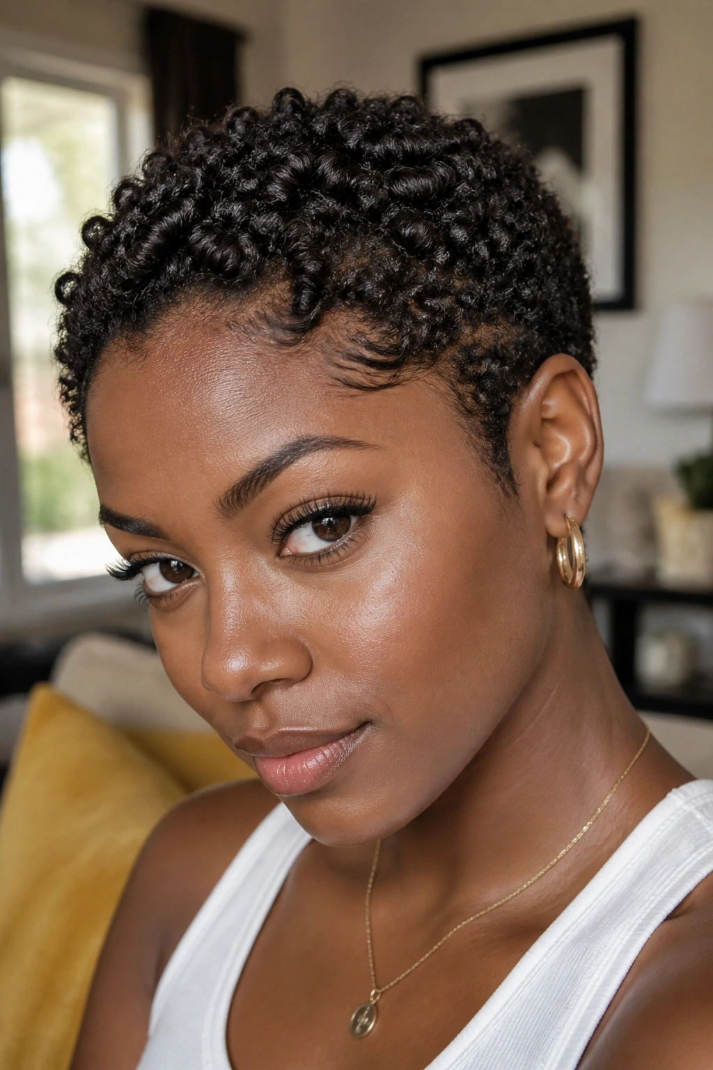 Close-up of a real Black person with finger coils on a short crop