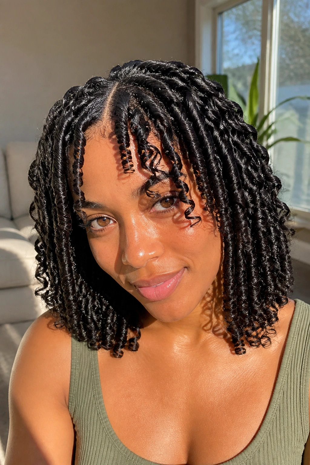 Close-up of shoulder-length curls with finger coils on a real person