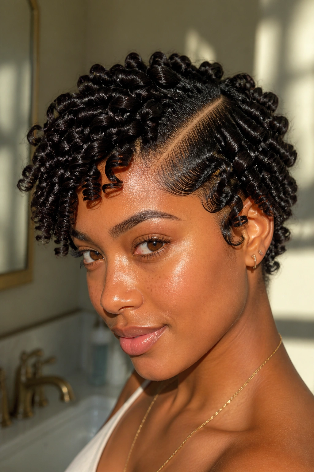 Close-up of a real woman with finger coils and deep side part, bathed in warm bathroom light.
