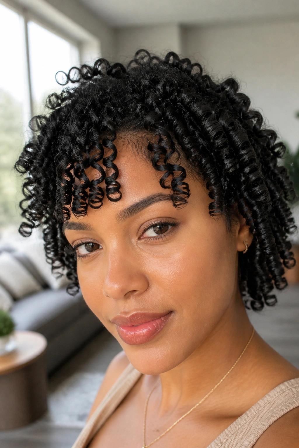Close-up of a real woman with finger-coiled ends providing precise shape.