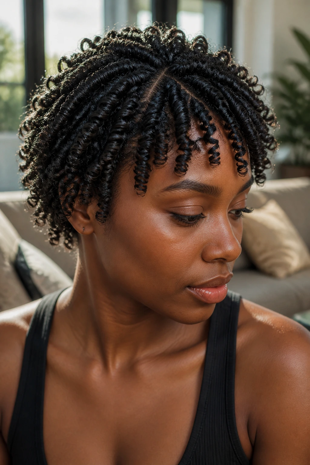 Close-up of finger coils on a real woman's hair