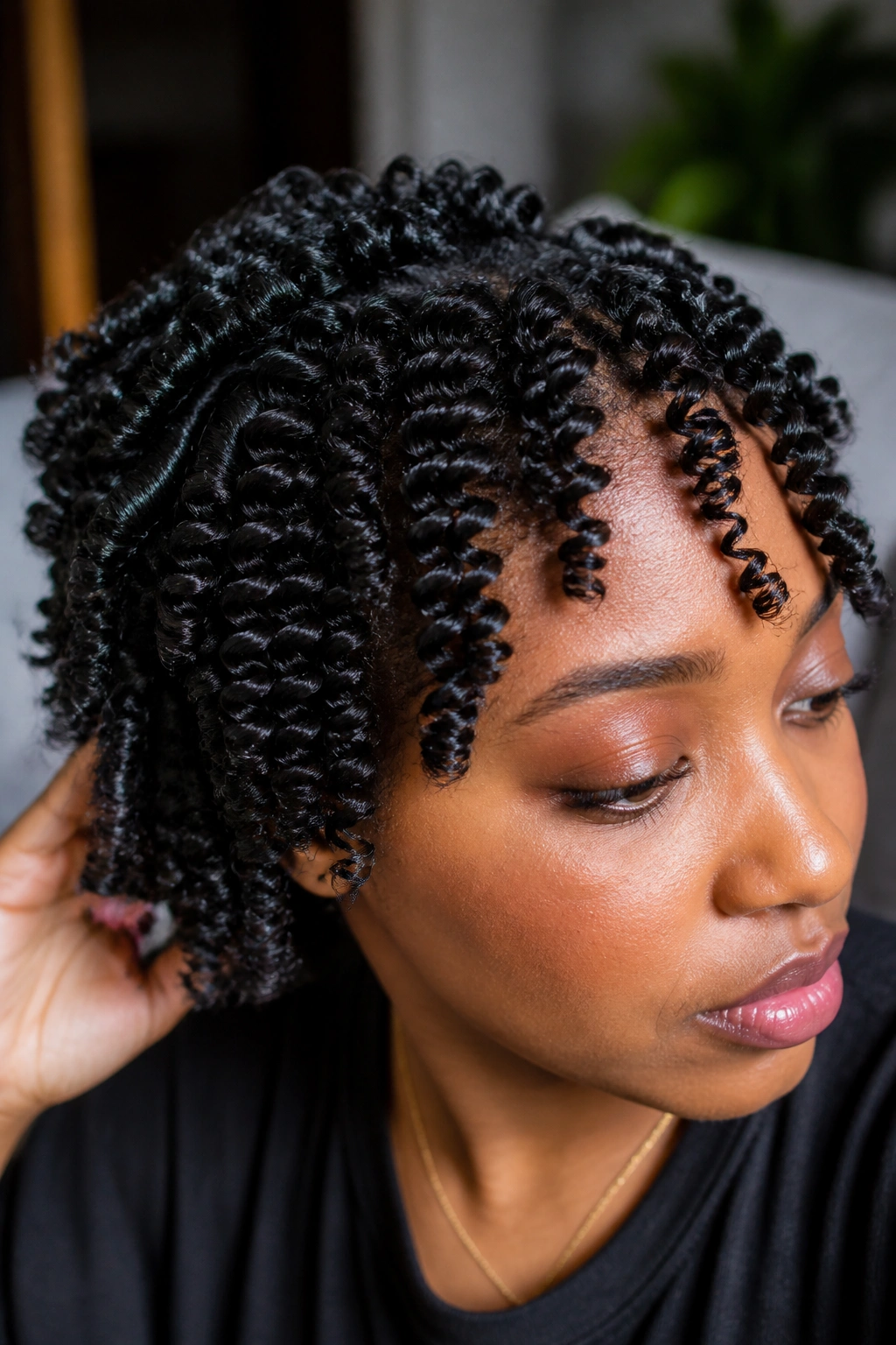 Close-up portrait of a real person with finger coils displaying clear spirals