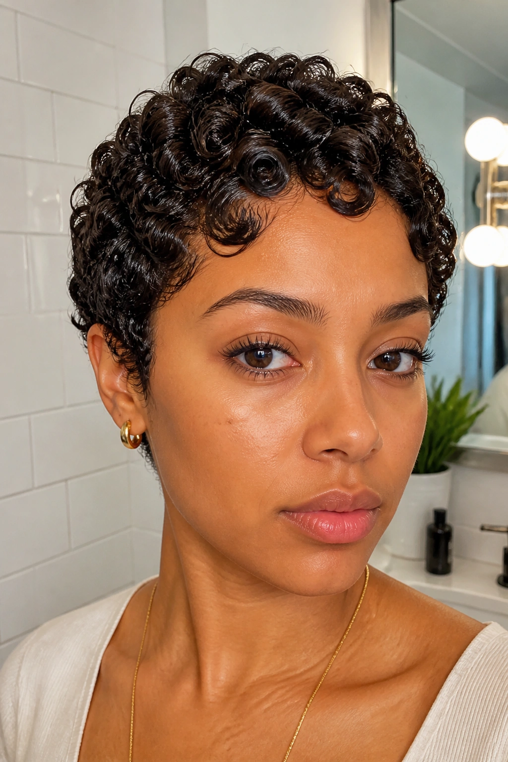 Close-up of real person with finger-coiled short curls.