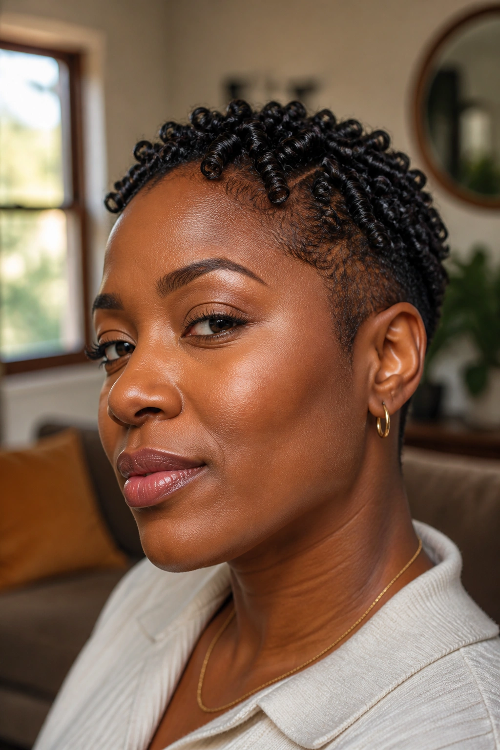 Close-up of a real person with finger coils on short tapered hair under natural light