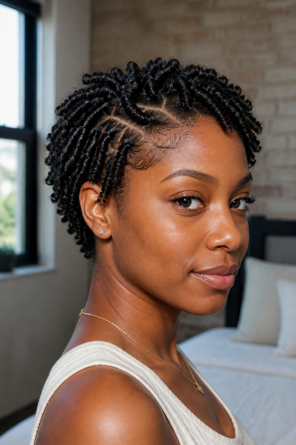 Close-up of a real woman with finger coils on short natural hair in a sunlit bedroom.