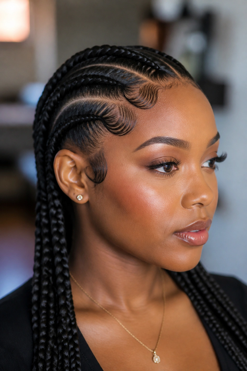 Close-up of a real woman with finger-wave edges along the hairline