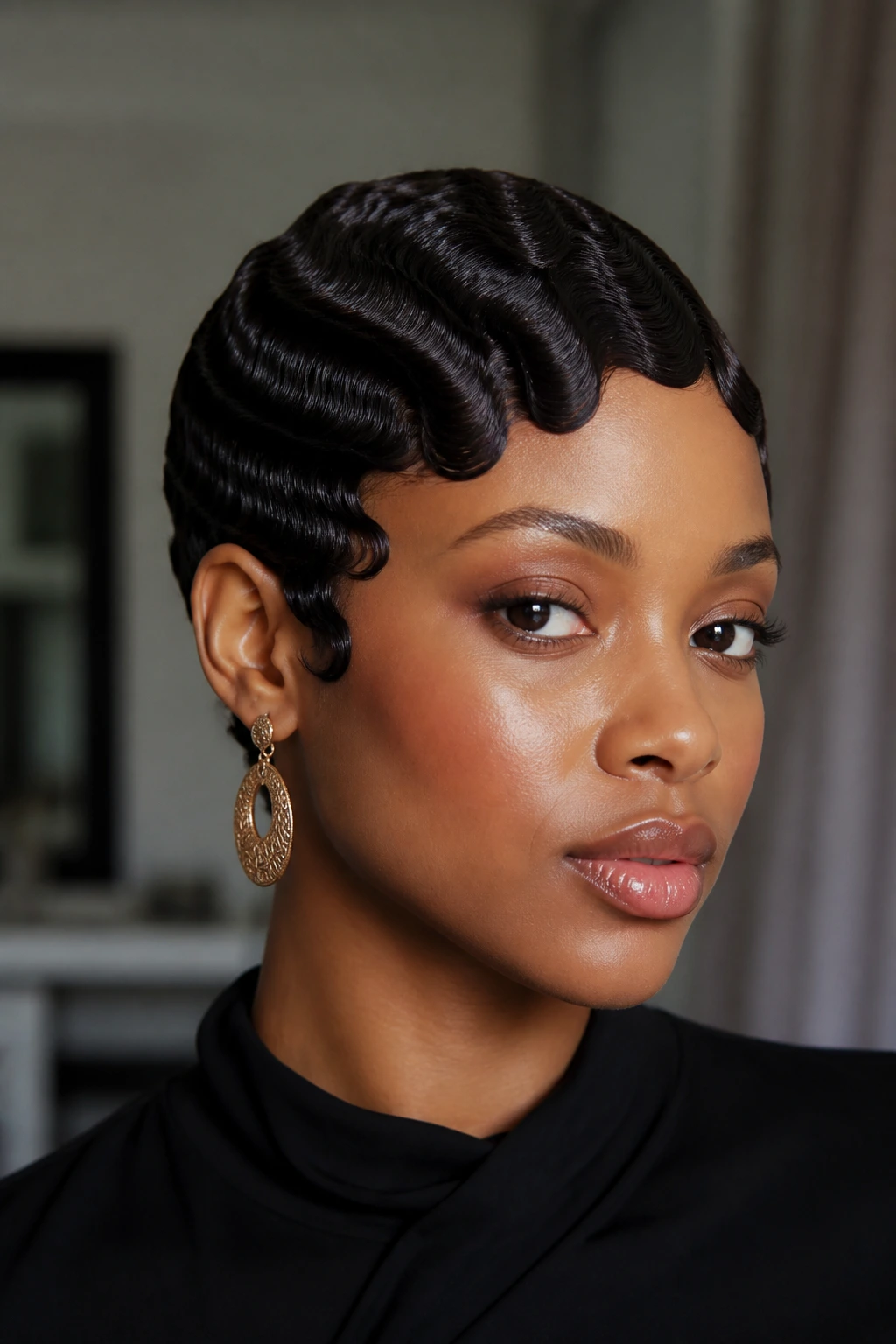 Real woman with sculpted finger-wave pixie in glossy finish, close-up portrait