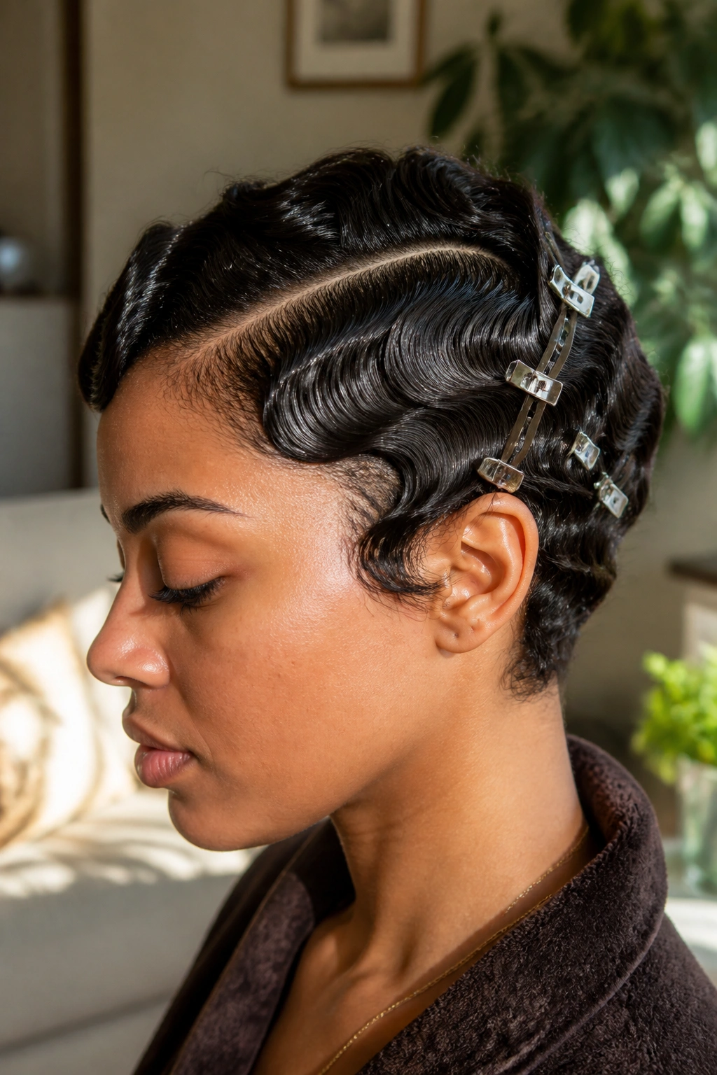 Close-up of a real person with finger waves and a deep side part on short hair