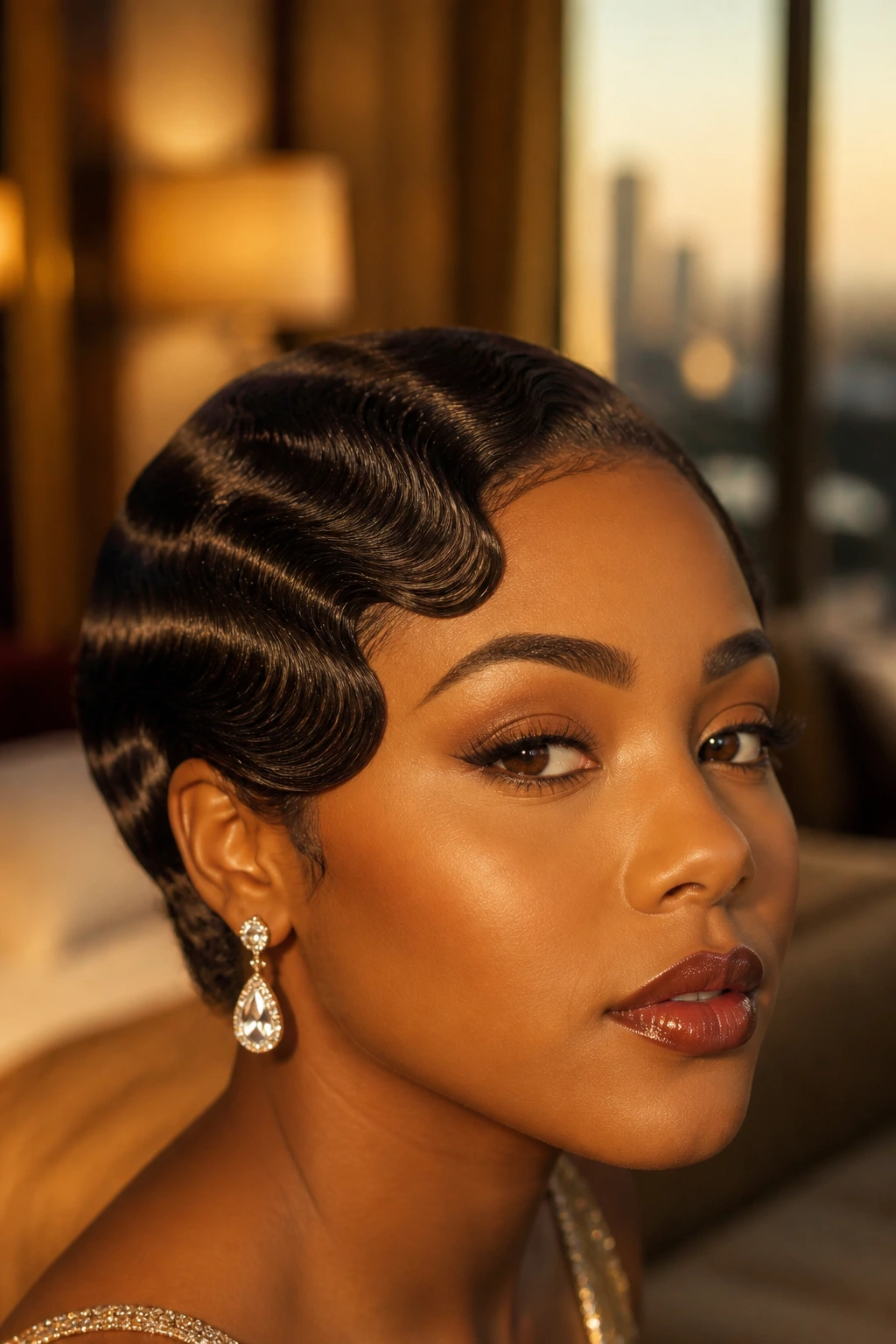 Close-up of a real woman's vintage finger waves on relaxed hair