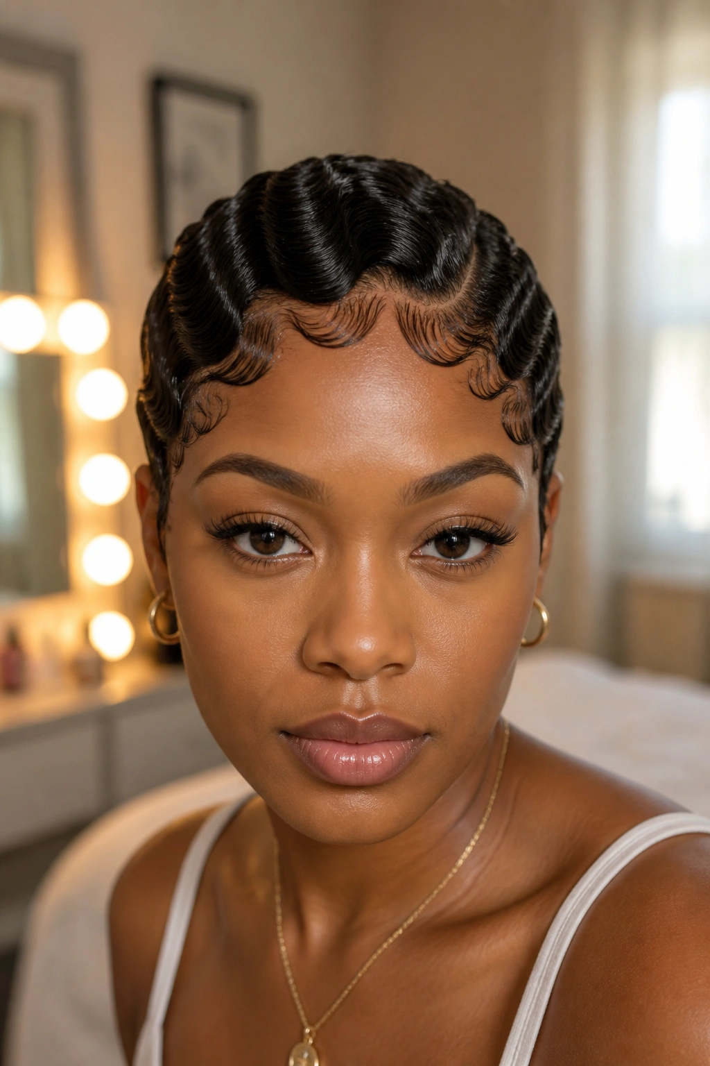 Close-up of sculpted baby hairs forming finger waves along the hairline on a real woman