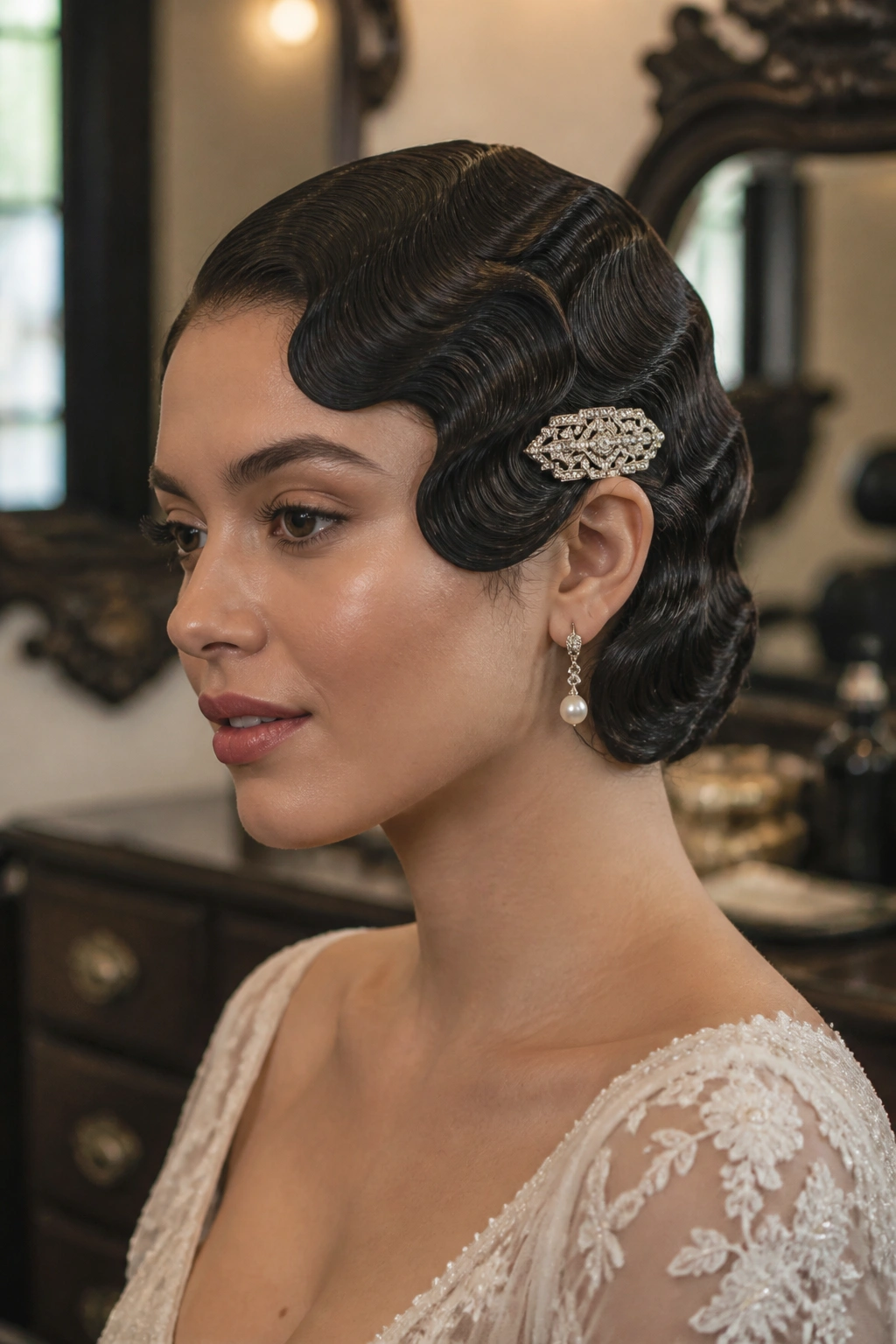 Close-up of a real woman with finger waves and an Art Deco barrette
