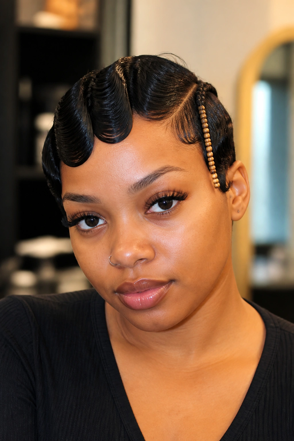 Close-up of finger waves with a beaded cornrow accent on a real woman