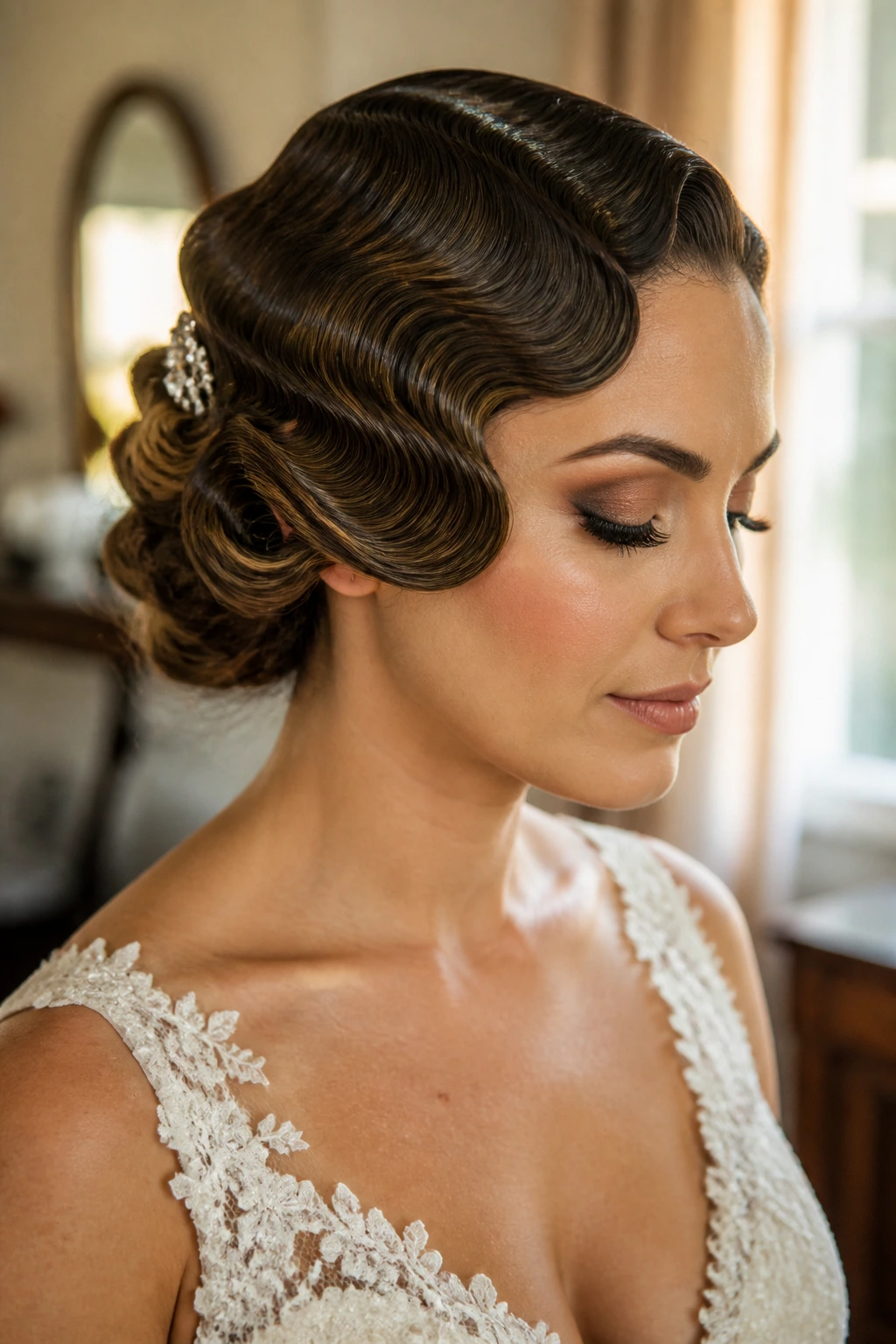 Close-up of bride with vintage finger waves and sculpted finish