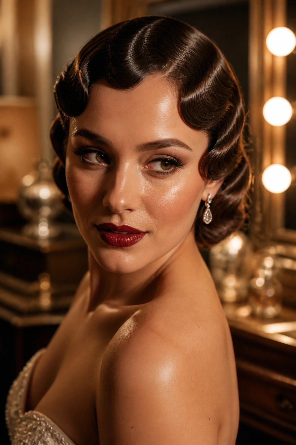 Close-up of a real woman with classic Old-Hollywood finger waves along the hairline