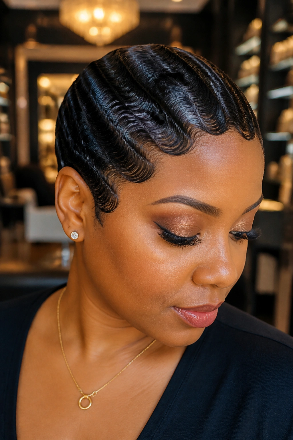 Close-up of a real woman with sleek finger waves near the head