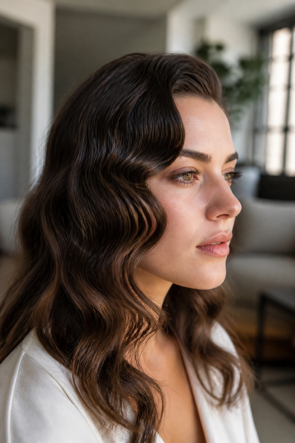 Close-up portrait of a real woman with retro finger waves along the hairline
