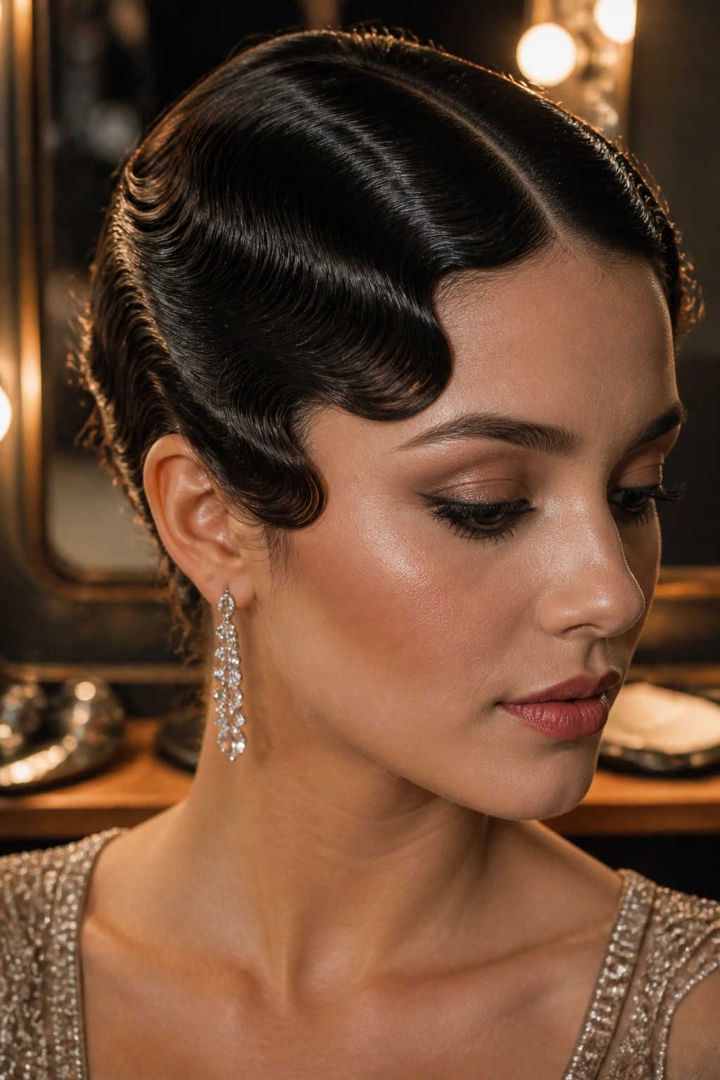 Close-up of a real person with sculpted finger waves along the hairline